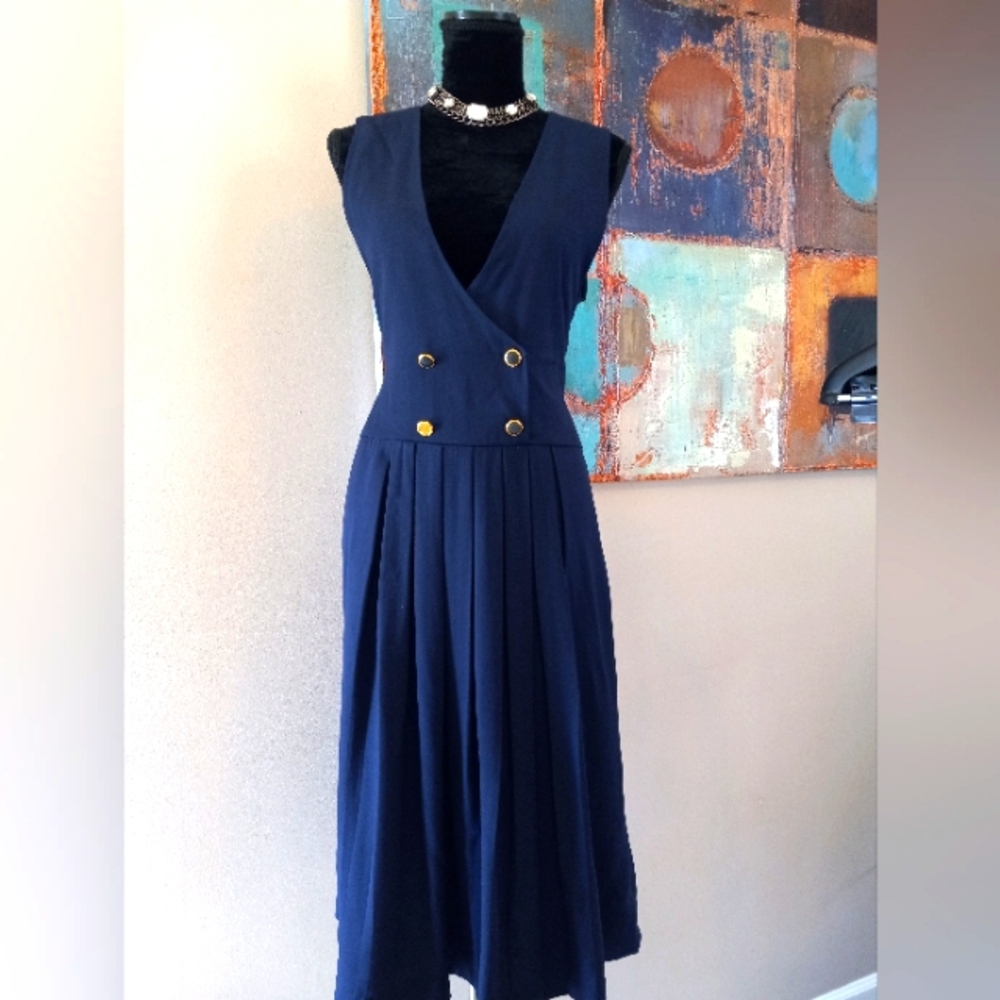 Vintage All Week Long Petite Sleeveless Blue Pleated Dress Size 4/ Petite